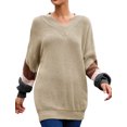 thumbnail image 3 of Women Stripe Colorblock Lantern Long Sleeve V Neck Sweater, 3 of 4