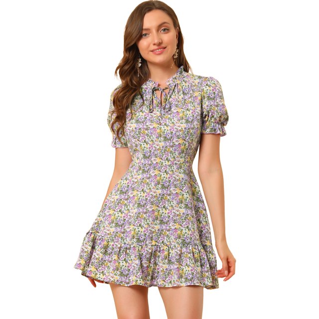 INSPIRE CHIC Women's Ruffle Floral Bow Tie Chiffon Puff Short Sleeve Summer Dress