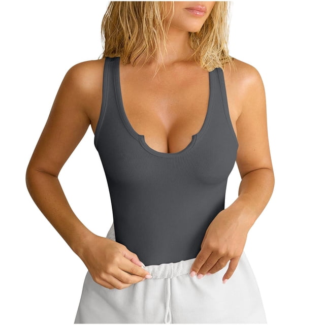 Yuyuzo Womens Tank Top Deep V Neck Going out Tops Ribbed Knit Stretchy Slim Fitted Tees Summer Basic Sleeveless Shirts