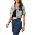 thumbnail image 4 of INSPIRE CHIC Women's Cropped Denim Jacket Short Sleeve Button Front Jean Jacket Grey Blue M, 4 of 6
