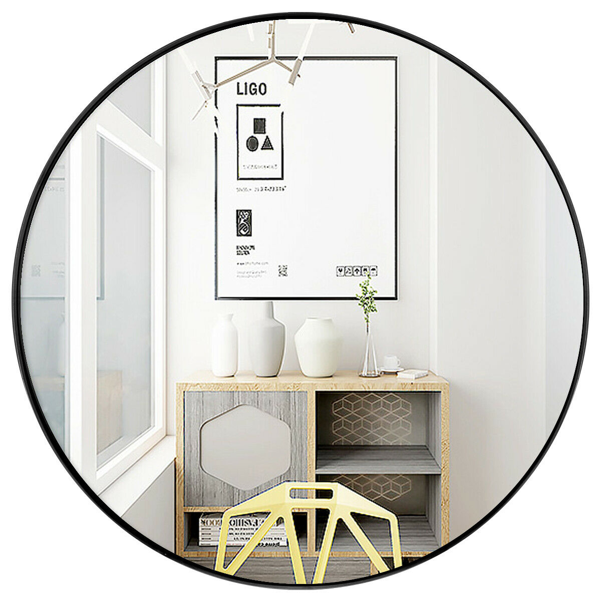 Gymax Miroir Rond Mural en Métal Moderne 27.5 Pieds' pour Salle de Bain Entrée Noir