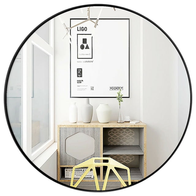 Gymax Miroir Rond Mural en Métal Moderne 27.5 Pieds' pour Salle de Bain Entrée Noir