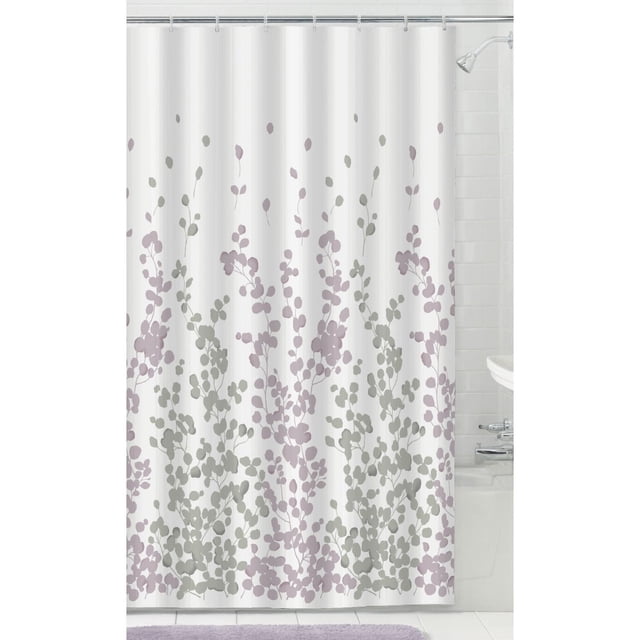 Mainstays Decorative Shower Curtain with 12 Hooks: 13 Piece Shower Set featuring a 70 by 72 inch white fabric curtain with grey and muted purple botanical leaf patterns, buttonhole construction for easy hanging on included 12 plastic hooks, shown in a tiled bathroom with bathtub and showerhead, suitable for updating standard shower or tub areas.