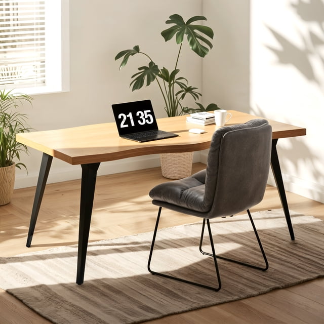 Homy Casa Computer Desk with Live Edge perfect for home office PC workspace in natural wood finish, featuring a 1.57-inch thick live edge tabletop with paper veneer, supported by black folding polygonal steel legs and steel support bars, paired with a grey cushioned chair on a striped rug in a sunlit room with plants, laptop, mouse, and books, ideal for work or study.
