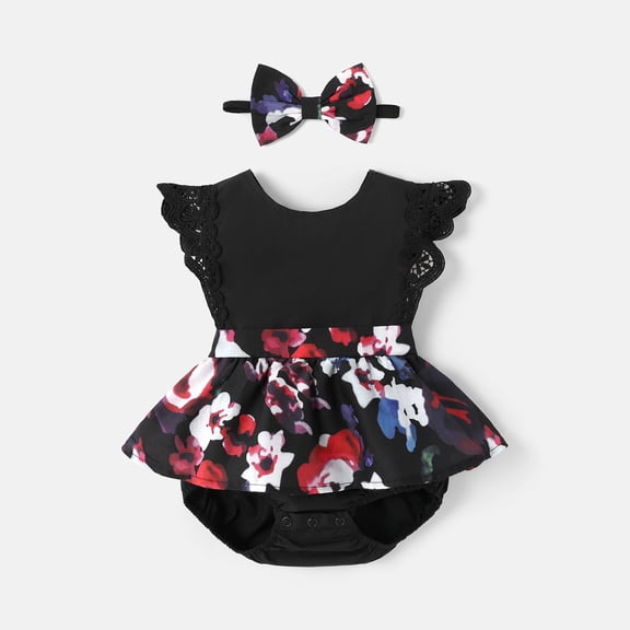 PatPat Baby Girls Dresses 2pcs Baby Girl 100% Cotton Solid & Floral-print Spliced Lace Flutter-sleeve Romper with Headband Set