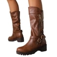 thumbnail image 1 of Platform Buckle Motorcycle Riding Boots for Women with Side Zipper Winter Fall Slouchy Leather Wide Mid Calf Tall Boots, 1 of 5