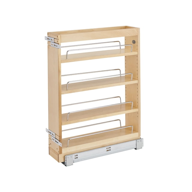 Rev-A-Shelf 5" Pullout Vanity Storage Organizer for Base Cabinets, model 448-BC19-5C, featuring a fully-assembled maple wood construction with a light brown finish. The organizer includes four adjustable and removable shelves with metal railings for secure storage of items like spices, utensils, and cutting boards. It is equipped with a 3-piece zinc-plated full-extension ball-bearing slide system for smooth operation and adjustable rub bushings for a precise fit. Designed for a 9-inch full-height cabinet with a minimum opening of 5.5 inches wide, 19.25 inches deep, and 25.75 inches high. Includes adjustable door-mount brackets for seamless integration into your kitchen. Dimensions: 5 inches wide, 19 inches deep, and 25.5 inches high.