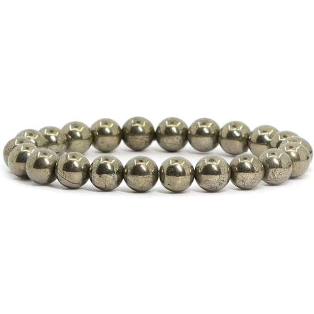 Angelstones Bracelet Extensible en Perles Rondes de 8 mm en Pyrite Naturelle, design Unisexe de 7 Pouces. Comprend des Perles de Pyrite Naturelle Polies avec des textures Uniques et un Éclat Métallique. Fait à la Main Sans Métal, Convient aux Peaux Sensibles. Comprend une Pochette de Rangement.