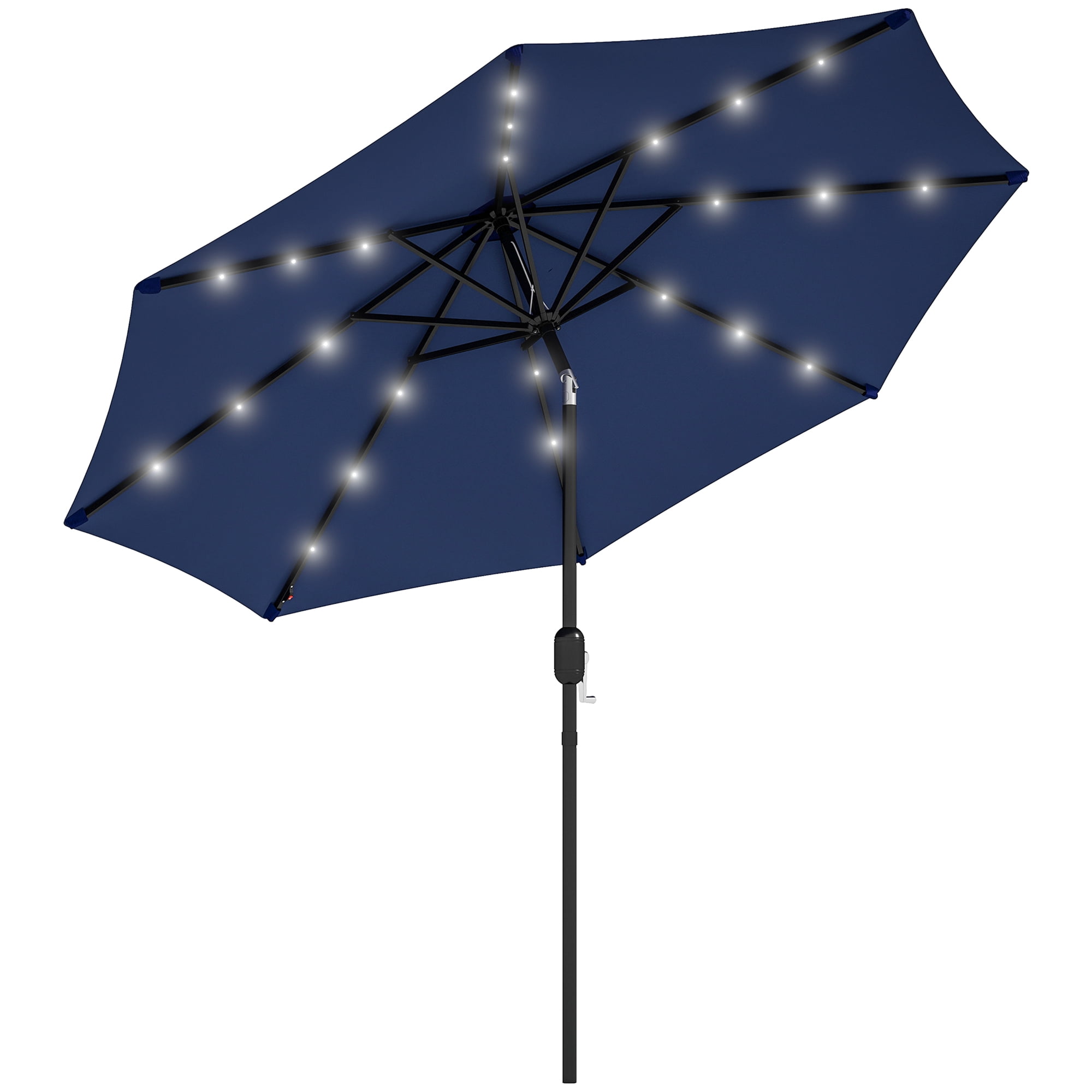 Outsunny 9ft Solar Patio Umbrella with LED Lights Tilt Canopy, Navy Blue