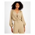 thumbnail image 1 of LE RUMI Womens Beige Stretch Tie Belted Long Voluminous Sleeves V Neck Top M, 1 of 4