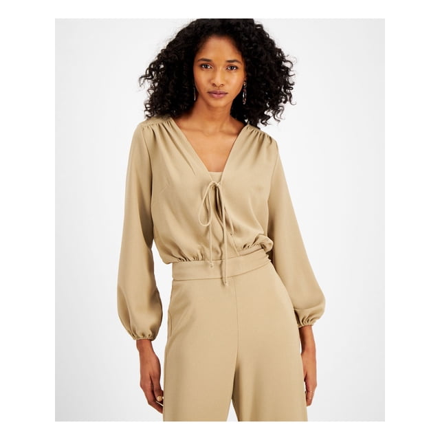 LE RUMI Womens Beige Stretch Tie Belted Long Voluminous Sleeves V Neck Top M