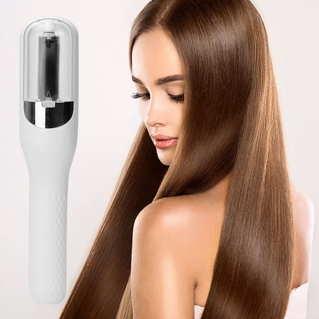 CYC Split End Remover Device 2 In 1 Automatic Split End Trimmer with Blue Light Hair Care. The image shows a white split end trimmer with a sleek design, featuring a transparent top section and textured handle. Positioned next to it is a model with long, smooth, and shiny brown hair, showcasing the device's effectiveness for dry, damaged, or brittle hair. Suitable for various hair types, this USB-rechargeable device offers blue light technology for scalp care and split end removal.