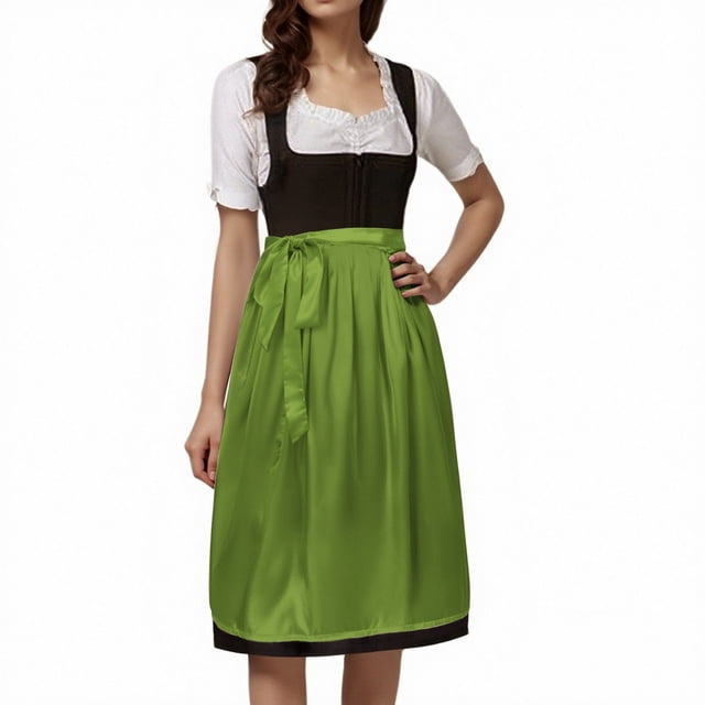GDREDA Oktoberfest Bavarois Tablier Demi Classique Uni pour Femme avec Liens pour Robe de Soirée, Présenté dans une Teinte Vert Vif. Ce Tablier en polyester Présente un design Bavarois Traditionnel avec une Coupe Longueur Genou et des Liens de Taille Ajustables, le Rendant Adapté aux Rassemblements Festifs et aux Tenues Décontractées. Habillé sur une blouse Blanche et une Robe Noire, Il Rehausse l'Allure festive Tout en Offrant Confort et Polyvalence.