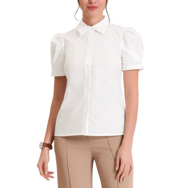 INSPIRE CHIC Women's Puff Short Sleeve Turn Down Collared Work Office Button Down Shirt S White