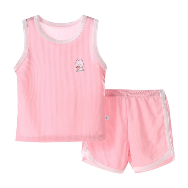 Newborn Girl Outfits Quick Drying Vest Set Summer Ice Silk Two Piece Children'S Wear Newborn Boy Clothes Pink 3-4 Years
