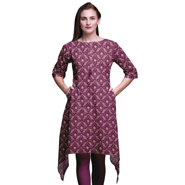 Bimba Kurti Asymétrique à Imprimé Rose Rose et Floral pour Femmes, Robe d'Été Indienne Tunique Petite