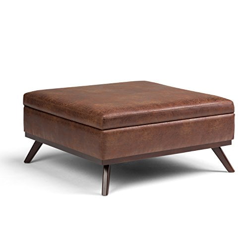 SIMPLIHOME Owen Table Basse Carrée de 36 Pouces de Large avec Dessus Relevable et Rangement, Pouf Repose-Pieds de Cocktail en Similicuir Aéré Brun Selle Vieilli Rembourré, Style Milieu du Siècle Moderne, Salon