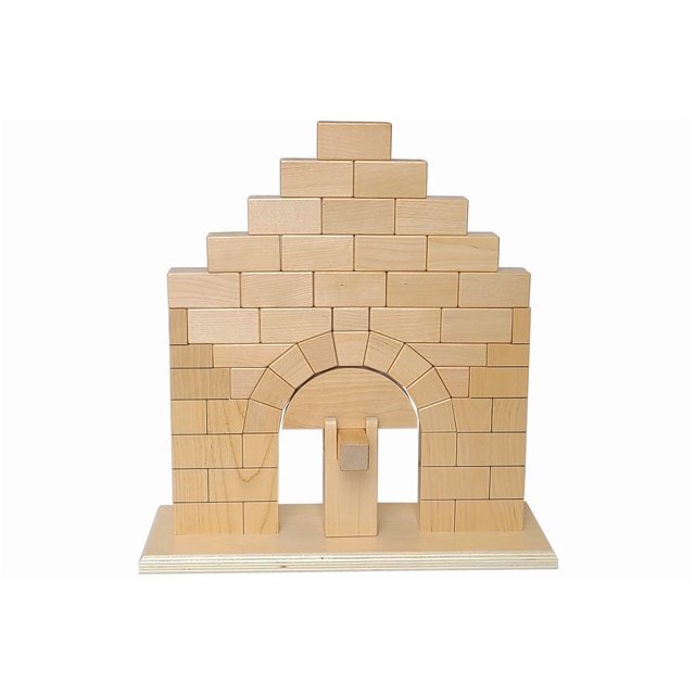 IFIT Montessori Roman Arch, a Montessori toy designed to teach the principle of the keystone and its role in supporting an arch. The wooden structure features interlocking blocks forming a classic Roman arch on a sturdy base, measuring 34.3 cm x 12 cm x 36.5 cm.