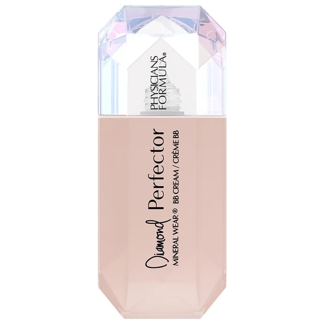 Mineral Wear® Diamond Perfector BB Cream - Light-to-Medium in a faceted translucent light pink bottle with an iridescent diamond-shaped cap, labeled Physicians Formula, providing lightweight, buildable coverage and 10-in-1 skin-perfecting benefits including moisturizing and brightening.