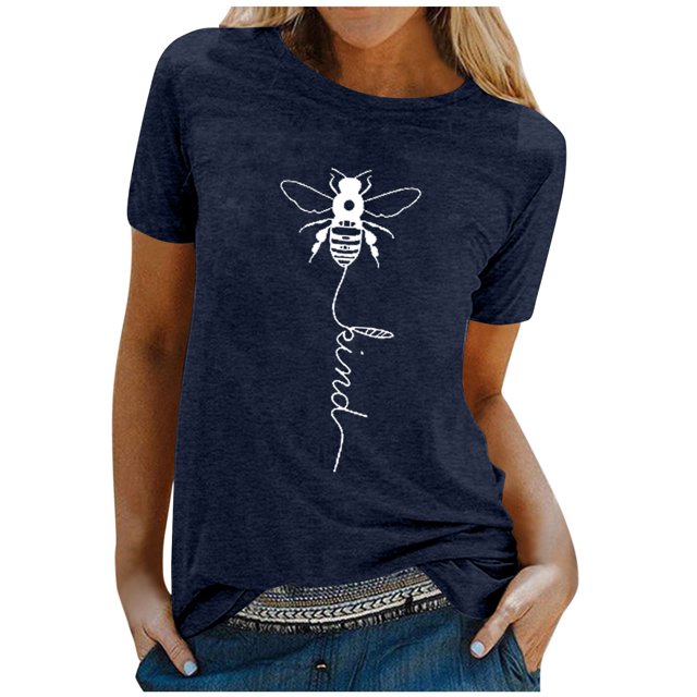 JIRNDf Hauts d'Été pour Femmes T-Shirts Tendance Imprimé Floral Col Rond Manches Courtes Décontracté Confortable Élégant Mignon Graphique T-Shirts pour Femmes Marine L