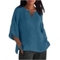 thumbnail image 1 of Dealovy Plus Size Shirts for Women 3/4 Sleeve Notch V Neck Cotton Linen Tops Summer Solid Color Tees, 1 of 5