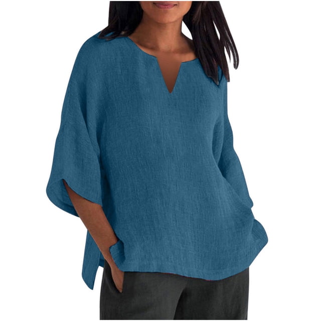 Dealovy Plus Size Shirts for Women 3/4 Sleeve Notch V Neck Cotton Linen Tops Summer Solid Color Tees