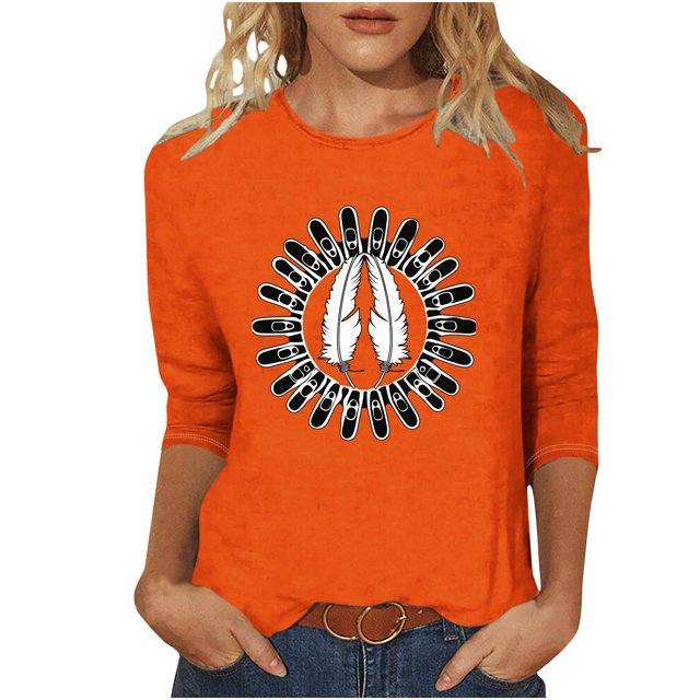 Dadaria Hauts pour Femmes Chemise Orange Manches 3/4 T-Shirt Col Rond Tee d'Été Chandail Blouses L