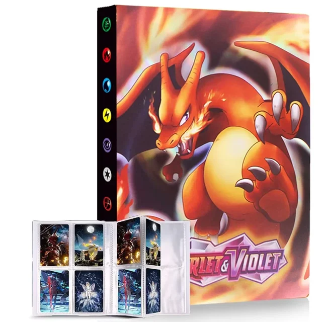 Trading Card Binder, 4-Pocket Album Book Holder, fits up to 240 cards for TCG games. Features a Charizard-themed full-colour cartoon cover, made of durable polypropylene material with multi-layer protection. Includes 30 pages with 4 grids per page, ideal for organizing trading cards, collectible cards, and game cards like Yu-Gi-Oh!, MTG, and Digimon. Also functions as a photo album, making it a versatile and thoughtful gift for children.