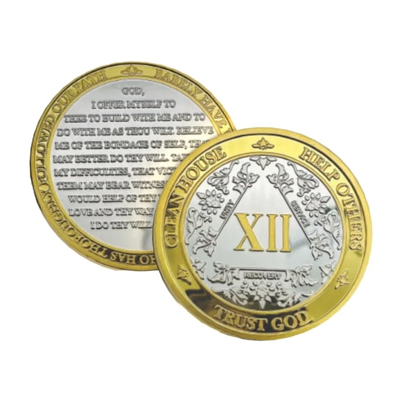 Silver & Gold Alcoholics Anonymous Gifts Sobriety Coin 1 to 60 Year AA Medallion with AA Coin Holder 40mm AA Chips and Medallions with 3rd Step Prayer Recovery Gifts for