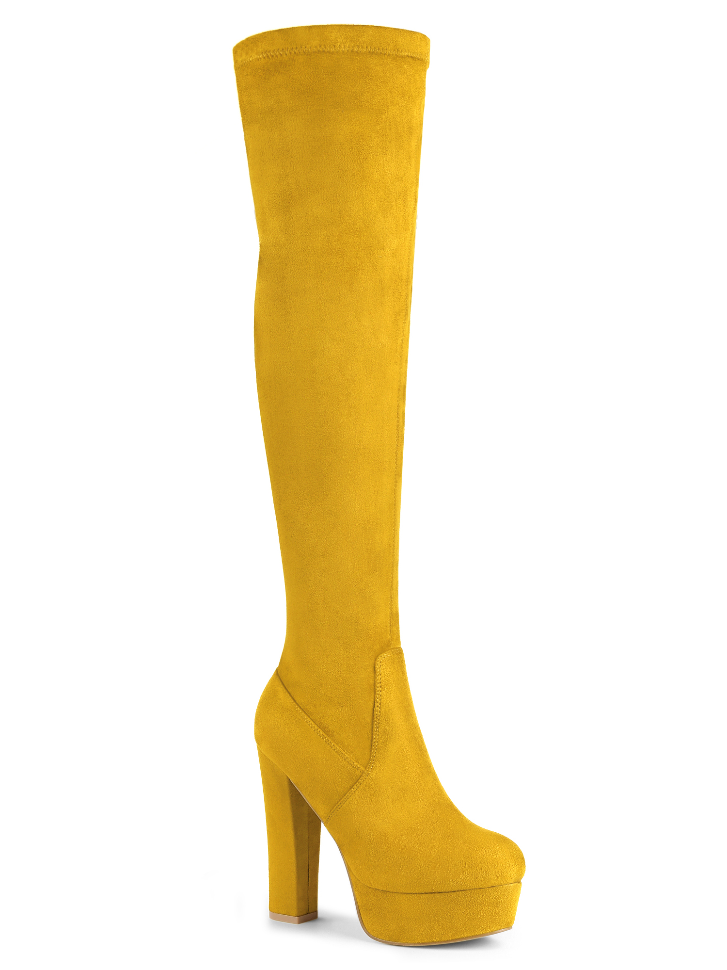 Unique Bargains Women's Platform Block Heel Over Knee High Boots Yellow (Size 9)