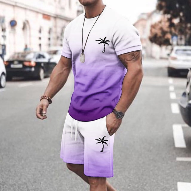 Men's Summer Tracksuit Plus Size Short Sleeve O Neck Athletic Suit Casual Color Block Waist Tracksuit Set