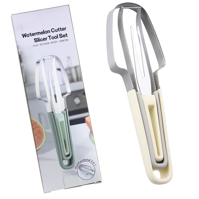 yeacher 3-in-1 Stainless Steel Watermelon Slicer Set - Multi-Functional Kitchen Tool for Fruit Cutting, Beige, Boxed