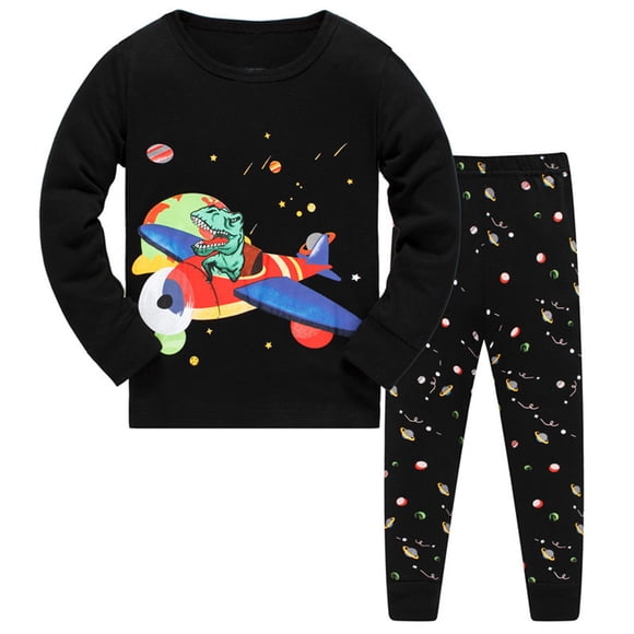 XASZHN Toddler Kids Boys Pajamas Planet Dinosaur Cotton Kids 2 Piece Pj's Long Sleeve Sleepwear Clothes Set Outfits Outfit for Boys Black_013 7-8 Years