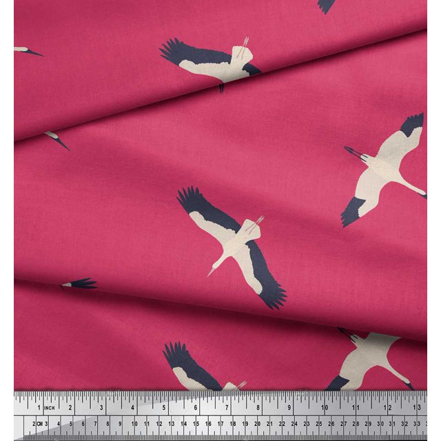 Soimoi Pink polyester Crepe Fabric Flying Stork Bird Decor Fabric Printed Yard 52 Inch Wide