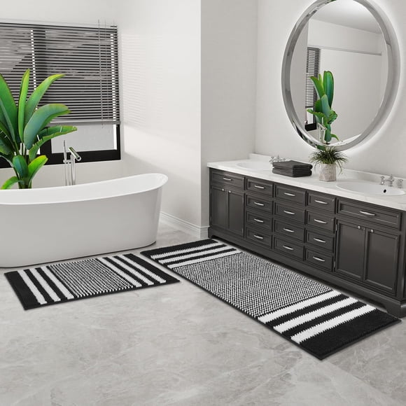 Tindbea Bathroom Rugs Set 2 Piece, Extra Soft and Absorbent Fluffy Striped Chenille Bath Mat Rug Set, Non Slip Bathroom Floor Mat, Machine Washable (21" x 59" Plus 20" x 32", Black)