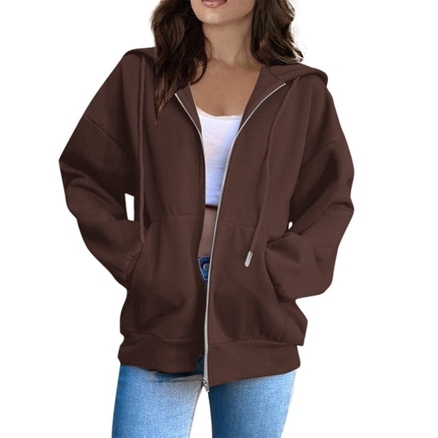 Chandails à Capuchon et Chandails pour Femmes Veste Française Femmes Chandails d'Automne à la Mode Uni Ample à Capuche Long Chandail à Fermeture Éclair Chandail à Capuchon Femmes Chandail à Capuchon Léger Femmes Veste à Fermeture Éclair Zippée pour Femmes