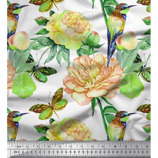 Soimoi Orange Cotton Poplin Fabric Hummingbird,Insect & Floral Fabric Prints by Yard 42 Inch Wide