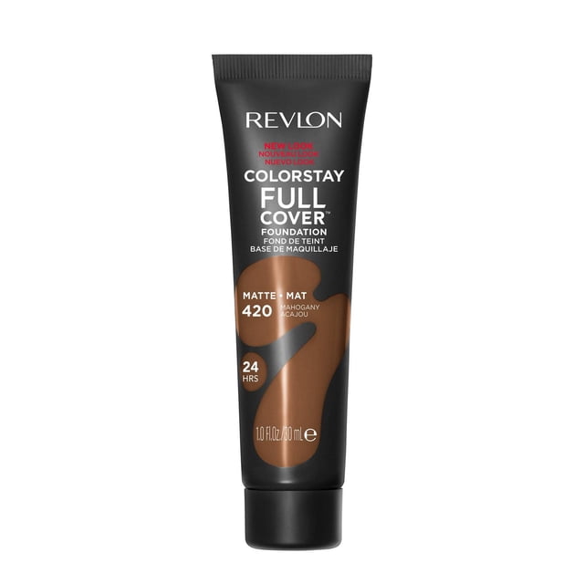 Revlon ColorStay Full Coverage Cream Foundation Makeup, Matte Finish, 30mL in shade 420 Mahogany, displayed in a black matte squeeze tube with white and red text, providing lightweight, transfer-proof full coverage that lasts up to 24 hours and resists heat and sweat, suitable for all-day wear.