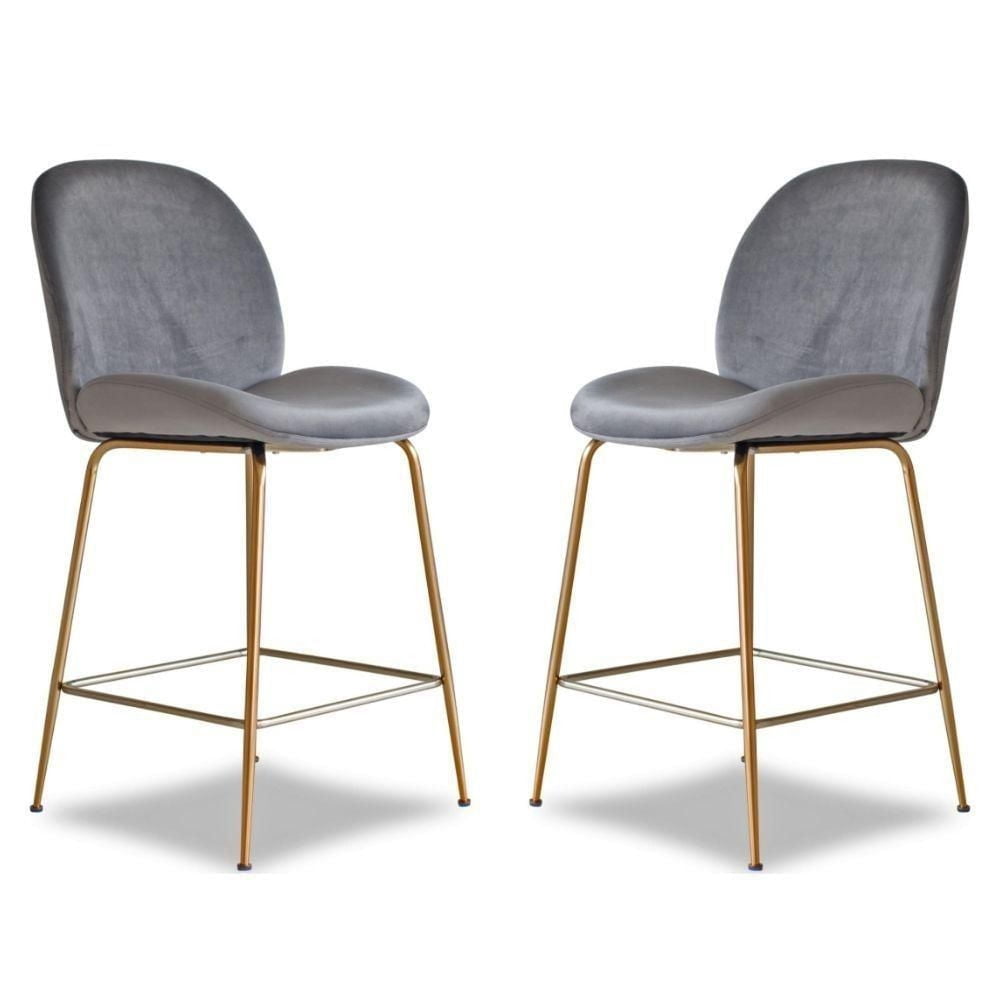 Tabouret en velours Take Me Home avec pieds dorés, lot de 2 tabourets confortables en velours avec repose-pieds pour cuisines, bars et espaces contemporains