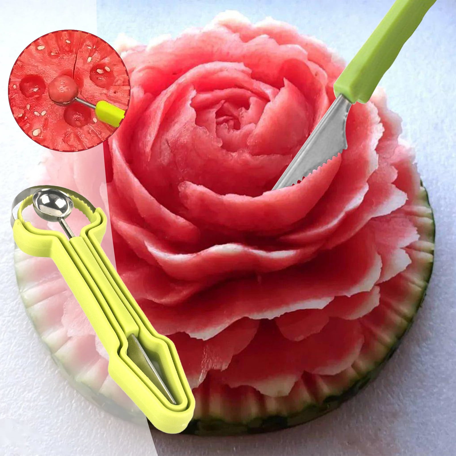 Meitianfacai Three In One Fruit Carving Knife Fruit Digging Tool Stainless Steel Fruit Carving Knife Digging Watermelon Three Piece Set