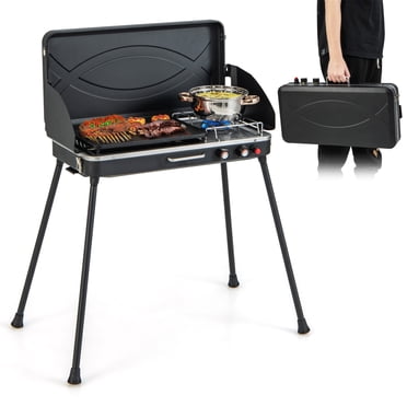 Costway Gril au Propane 2-en-1 Cuisinière à Gaz de Camping à 2 Brûleurs Portable avec Pied Amovible