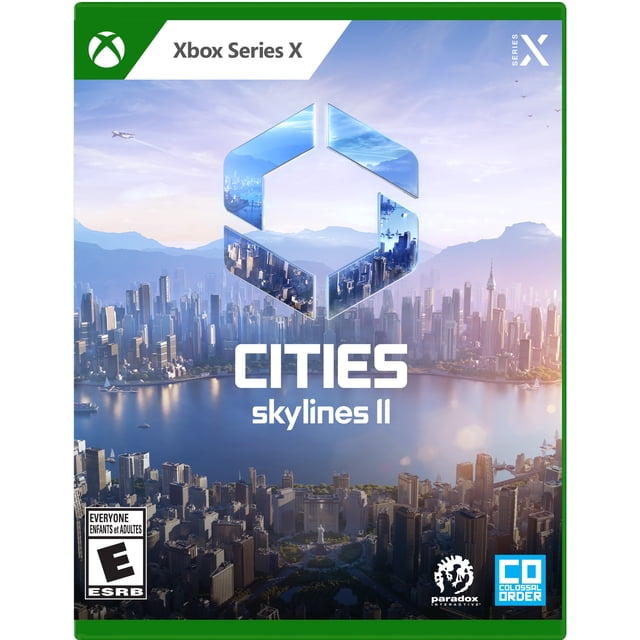 Cities : Skylines II Couverture de Jeu Xbox Series X Montrant une simulation de Constructeur de Ville Photoréaliste avec des Gratte-Ciel Détaillés, des Plans d'Eau et des biomes de Montagne sous un Ciel Clair, avec le logo du Jeu et la Marque Xbox Series X.