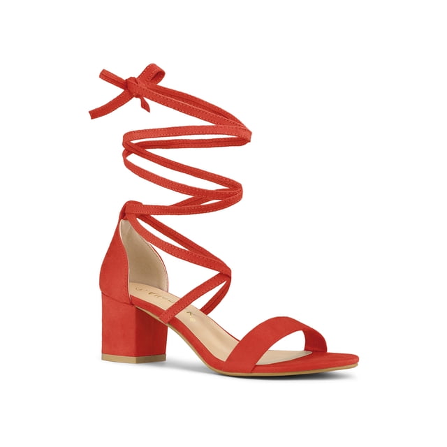 BLISSFUL STEP Women's Open Toe Lace up Sandals Mid Block Heels Sandals Orange 10.5