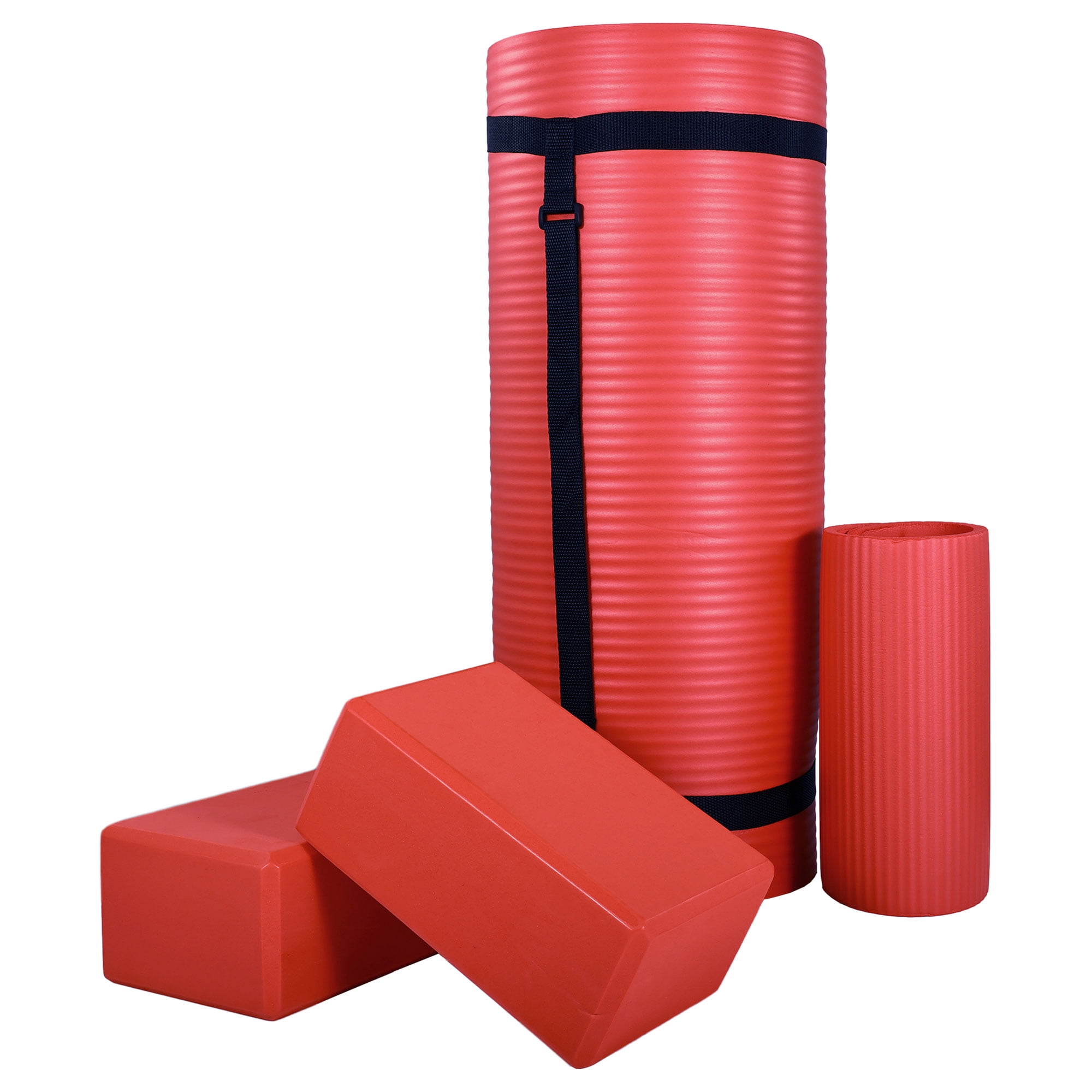 BalanceFrom 71x24x1 Inches Extra Thick Yoga Mat with Knee Pad and 2 Blocks, Red