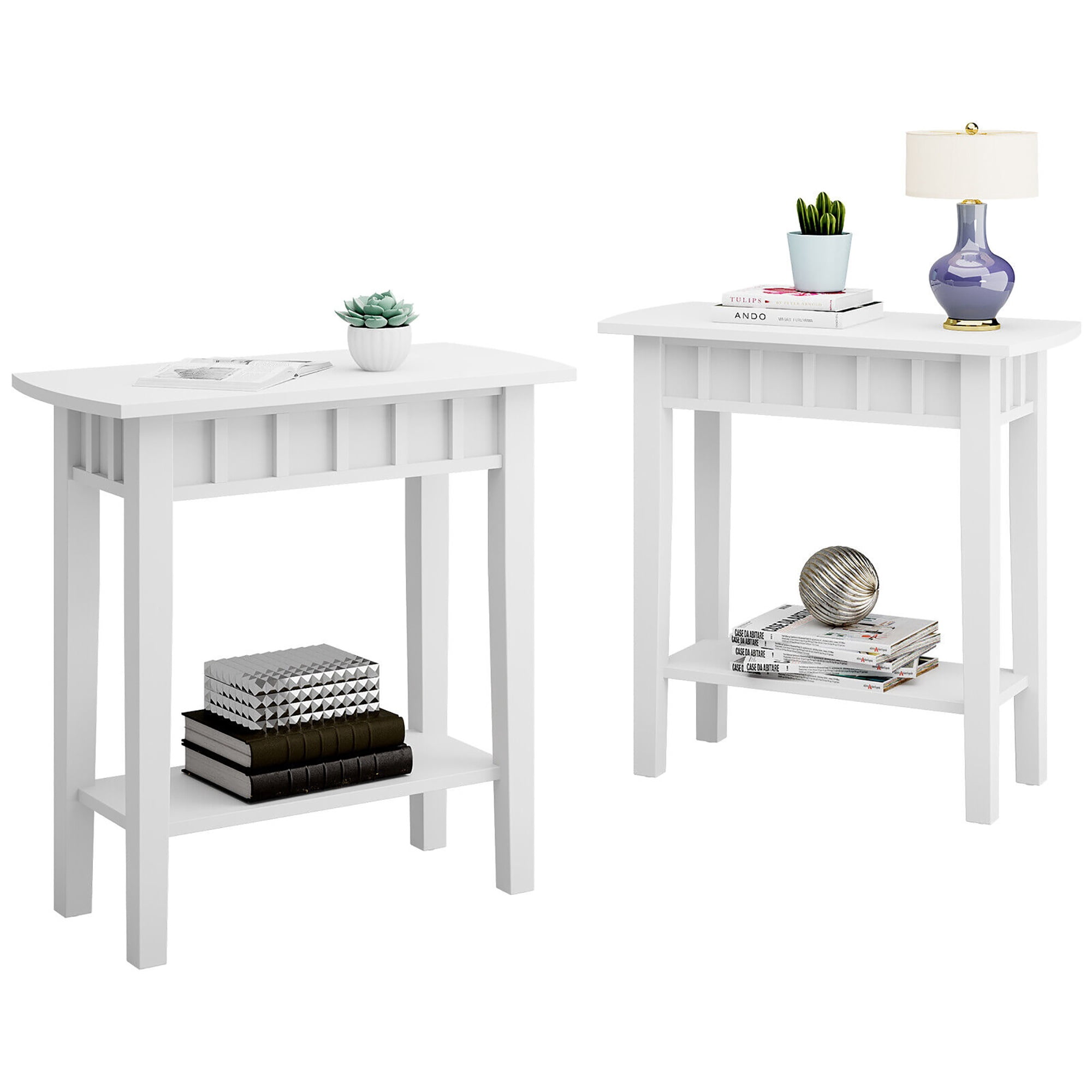 Gymax 2PCS 2-tier Side End Sofa Coffee Table Nightstand for Bedroom Living Room White