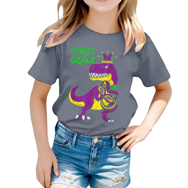 LUOGENLI T-Shirt pour Filles T-Shirt Décontracté Imprimé à Col Rond à Manches Courtes T-Shirt Chemise Décontractée Chemises pour Filles Tendance Été Mini Gris 8-9 Ans