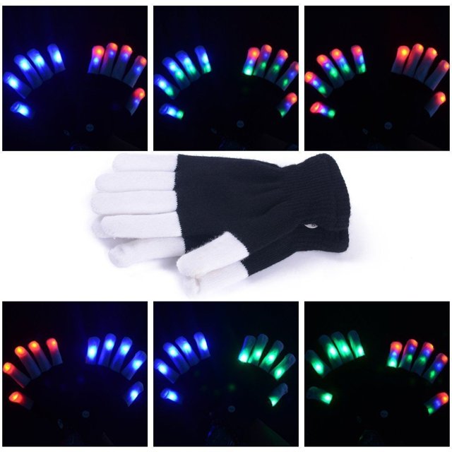 Gants Clignotants LED Rave Glow à 7 modes, Paire d'Éclairs Lumineux pour le Bout des Doigts en Noir avec Bouts des Doigts Blancs. les Gants Offrent Sept modes d'Éclairage, Incluant flash Rapide, flash Lent et Lumière Continue, Activés par un Bouton sur le Poignet. Faits de polyester Respirant avec Poignets Extensibles, Ces Gants Sont Idéaux pour les concerts, les raves et les Fêtes. l'Image Montre les Gants Lumineux en Diverses Couleurs, Incluant Bleu, Rouge et Vert, dans un Cadre Sombre, Ainsi Qu'un Gros Plan des Gants
