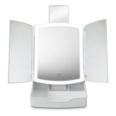 Portable Tri-Fold LED Mirror - Lighted Vanity Mirror with Storage Tray