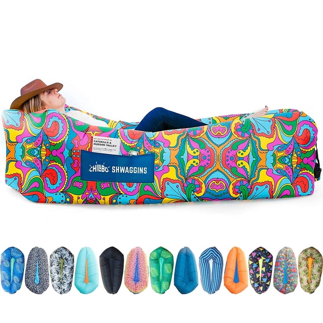 Chillbo Shwaggins Inflatable Couch with a bold, multicoloured psychedelic design. This inflatable lounger is perfect for outdoor activities like camping, beach outings, festivals, and poolside relaxation. Lightweight and compact, it is easy to set up and can be used as a hammock, air sofa, or pool float. The image also highlights additional colour and pattern options for this versatile inflatable chair.