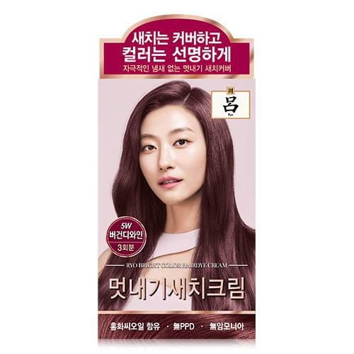 Wooachae Hair Dye - Burgundy Wine packaging featuring a model with long, straight hair in a rich burgundy wine color. The box highlights grey hair coverage and nourishing herbal ingredients including safflower oil, with the Ryo brand logo on the top right.